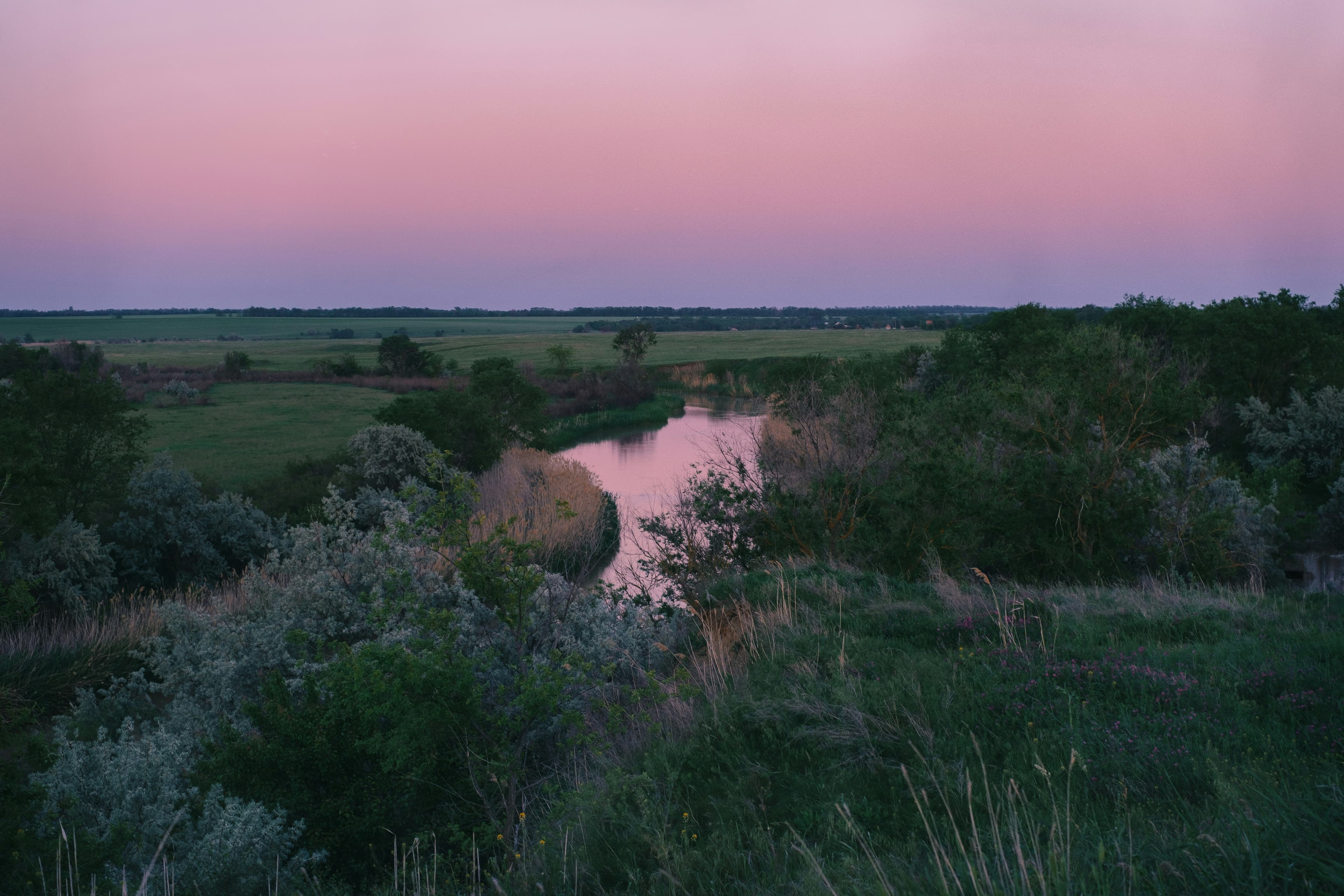 Serene river winding through a peaceful green landscape at dusk, symbolizing the calm and clarity of true peace of mind